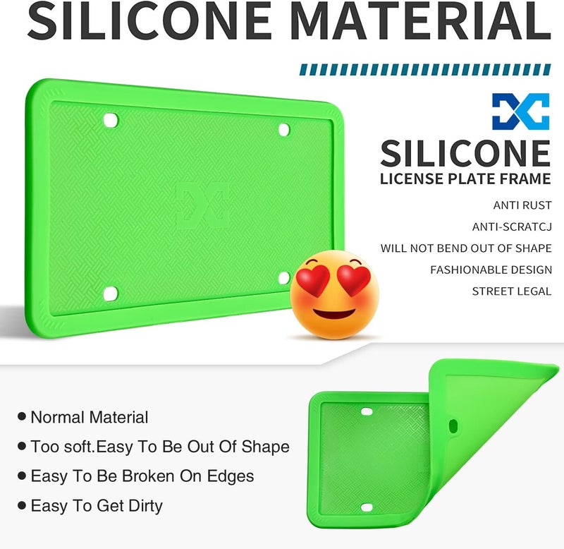 XCLPF Silicone Green License Plate Frame Covers 2 Pack- Front and Back Car Plate Bracket Holders. Rust-Proof, Rattle-Proof, Weather-Proof (Green) - Image 2